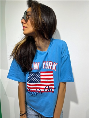Mavi NY Baskı T-shirt