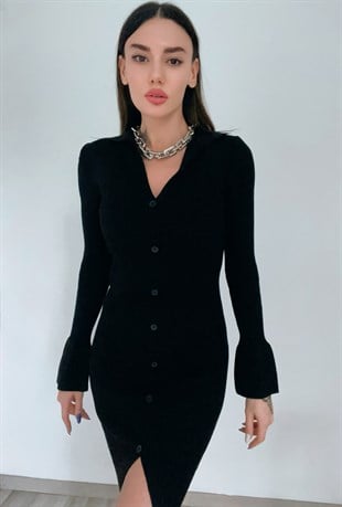 Siyah Düğmeli Triko Elbise